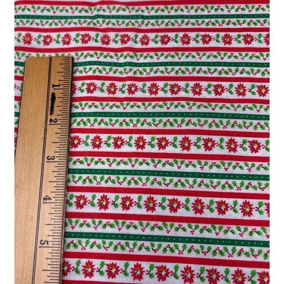 Christmas Striped Fabric Poinsettia & Holly 1/2 yard x 38" Red/Green Cotton Quil - Picture 3 of 10
